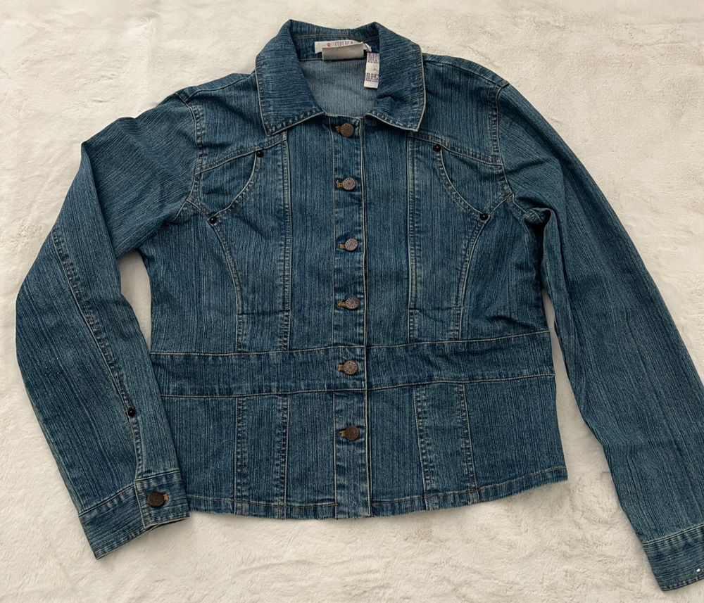 Billa Blass Stretch Women's Denim Jacket Size PL Blue Button Front Long Sleeve